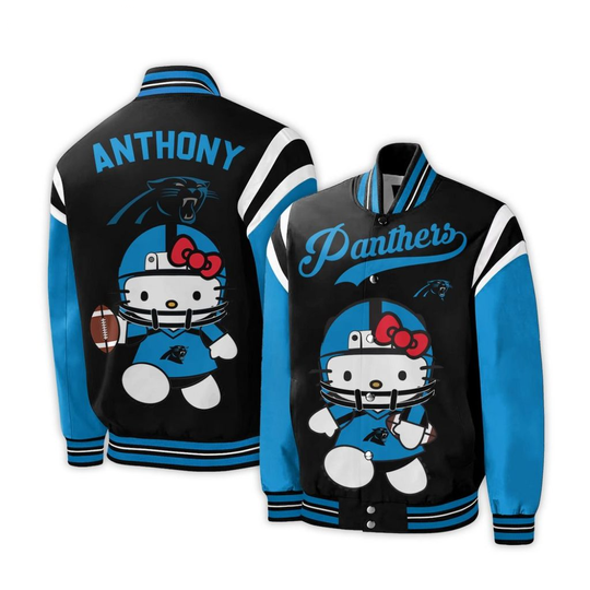 Personalized football Carolina Panthers Special Hello Kitty Design Baseball Jacket For Fans