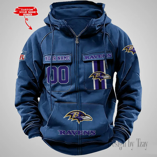 Custom Name and Number Baltimore Ravens Vintage Men Cargo Hoodie, Gift For Football Fan, Multi Color