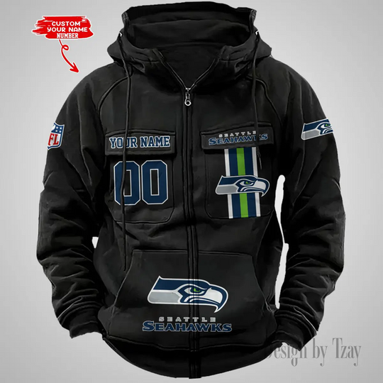 Seattle Seahawks Vintage Men Cargo Hoodie, Gift For Football Fan, Multi Color