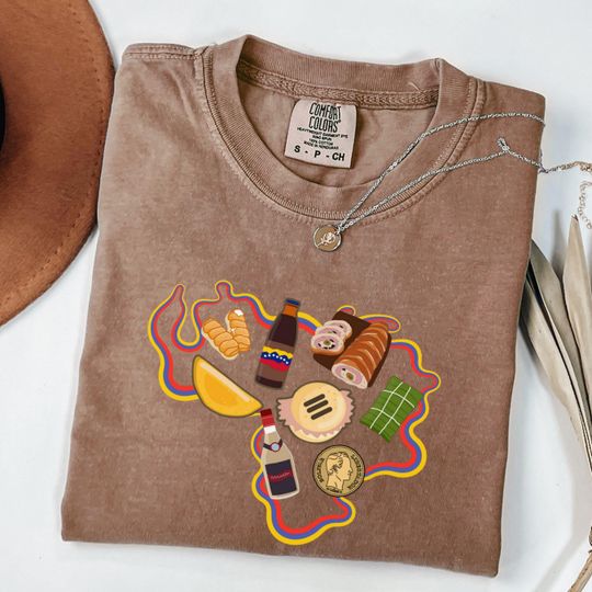 Discover Venezuelan map t-shirt, iconic Venezuelan food, drinks shirt, Arepas, tequeos tee, unisex Graphic Comfort Color Venezuela shirt.