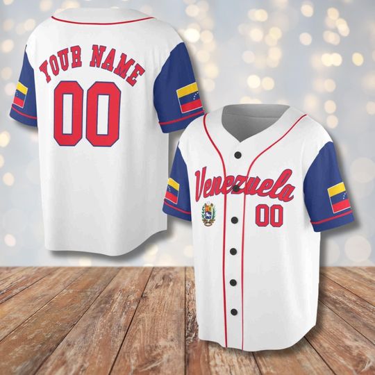 Discover Venezuela Baseball Jersey Custom Name Number, White Button Front with Blue Flag Sleeves, Unisex Uniform, Personalized Country Pride Gift