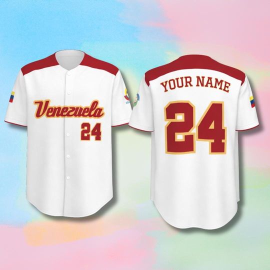Discover Personalized Venezuela Baseball Jersey Shirt, Custom Name Number 24, White Red Button Up Fan Gear, Unisex Venezuelan Pride Gift For Him Her