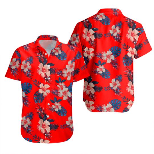 Men’s Margaritaville Hawaiian Shirt Red Blue Floral Button Up With Pocket- NWT