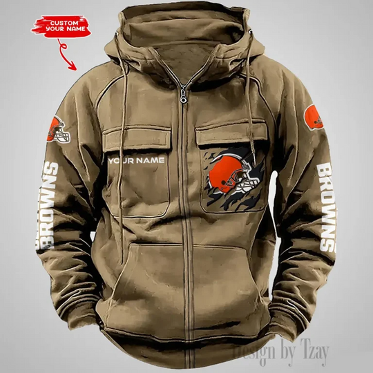 Cleveland Browns  Custom Name Cargo Full Zip Hoodie For Football Lover