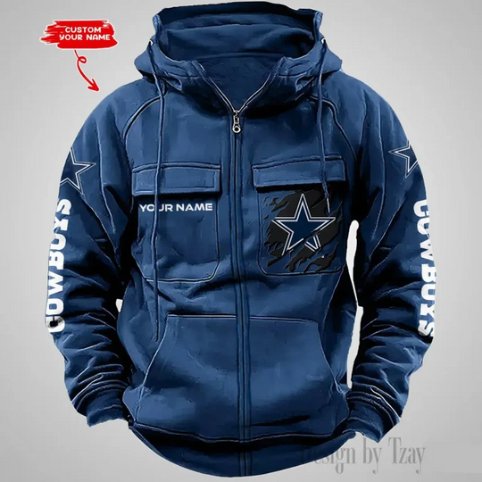 Dallas Cowboys Custom Name Cargo Full Zip Hoodie For Football Lover