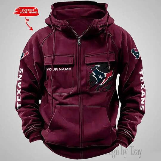Houston Texans Custom Name Cargo Full Zip Hoodie For Football Lover