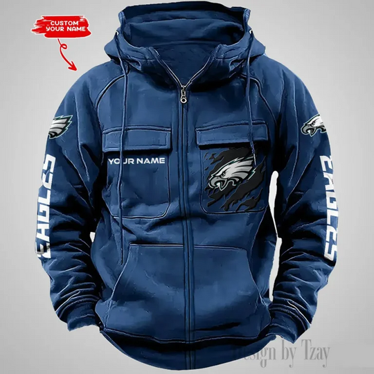 Philadelphia Eagles Custom Name Cargo Full Zip Hoodie For Football Lover