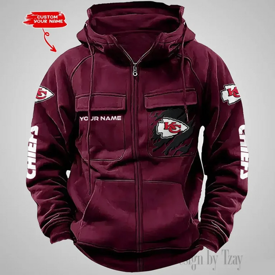 Kansas City Chiefs Custom Name Cargo Full Zip Hoodie For Football Lover