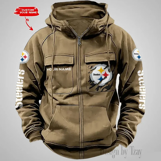 Pittsburgh Steeler Custom Name Cargo Full Zip Hoodie For Football Lover
