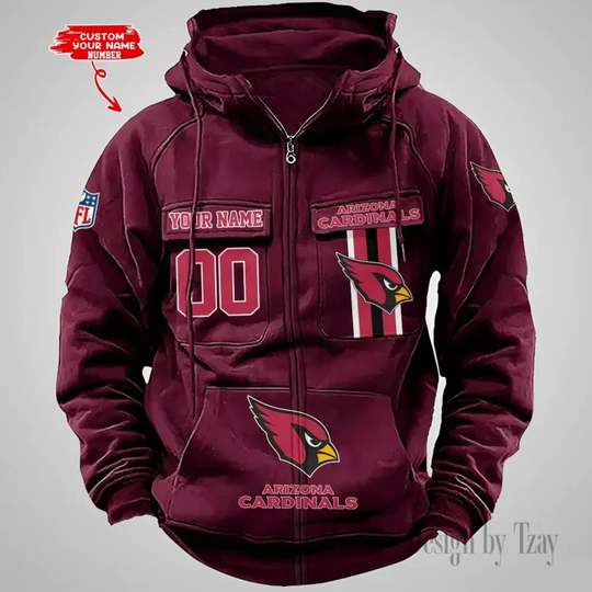 Arizonna Cardinals Custom Name and Number Cargo Full Zip Hoodie, Vintage Hoodie For Football Fan
