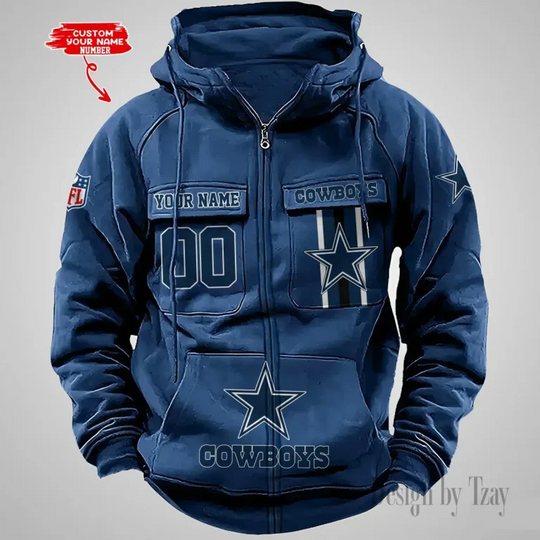 Dallas Cowboys Custom Name and Number Cargo Full Zip Hoodie, Vintage Hoodie For Football Fan