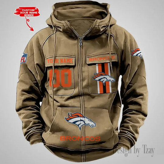 Denver Broncos Custom Name and Number Cargo Full Zip Hoodie, Vintage Hoodie For Football Fan