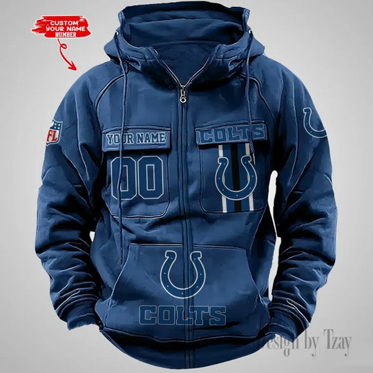 Indianapolis Colts Custom Name and Number Cargo Full Zip Hoodie, Vintage Hoodie For Football Fan