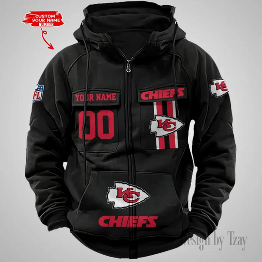 Kansas City Chiefs Custom Name and Number Cargo Full Zip Hoodie, Vintage Hoodie For Football Fan