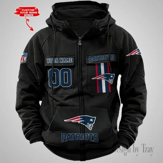 New England Patriots Custom Name and Number Cargo Full Zip Hoodie, Vintage Hoodie For Football Fan