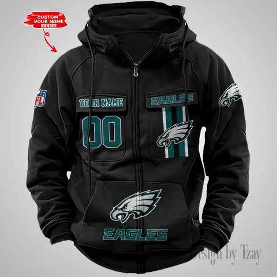 Philadelphia Eagles Custom Name and Number Cargo Full Zip Hoodie, Vintage Hoodie For Football Fan