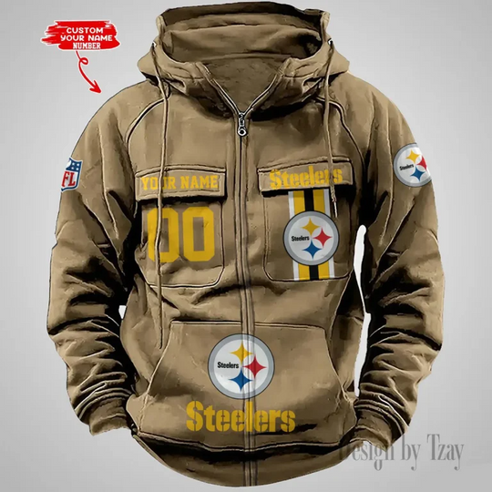 Pittsburgh Steeler Custom Name and Number Cargo Full Zip Hoodie, Vintage Hoodie For Football Fan