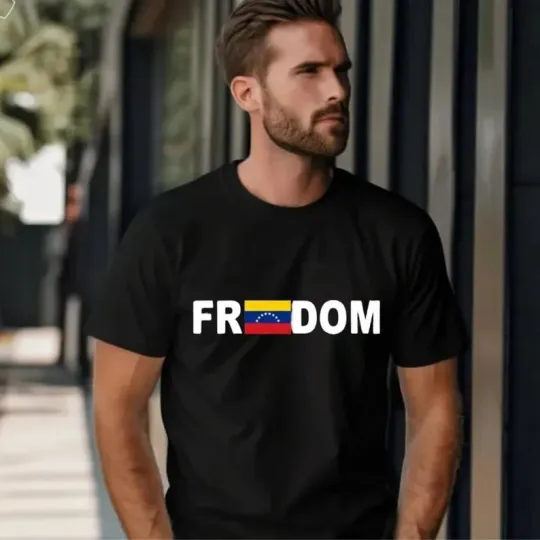 Discover Freedom Venezuela Flag Black T-Shirt Short Sleeve Graphic Tee Unisex New