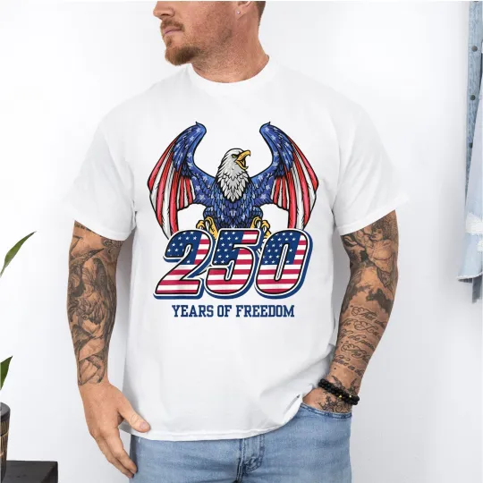 Discover 250th Anniversary American Flag T-Shirt with Bald Eagle and Patriotic Design