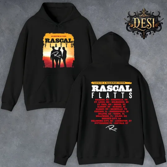 Discover Rascal Flatts 2026 Black Tour Tee Hip Hop Double Sided Hoodie