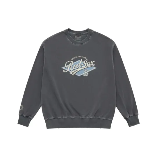 Retro Letter Basic Loose-Fit Crewneck Sweatshirt Unisex in Charcoal Gray