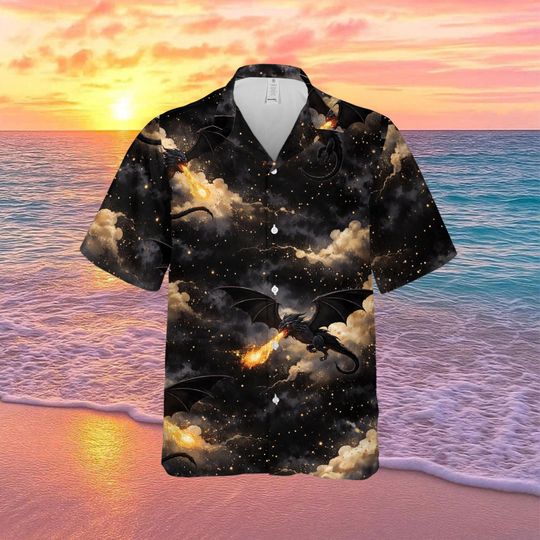 Discover Fire Breathing Dragon Hawaiian Shirt, Fantasy Button-Up, Mythical Dragon Print, Summer Vacation Men’s Shirt