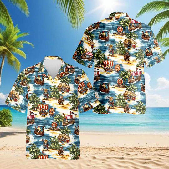 Discover Viking Hawaiian Shirt, Norse Warrior Island Aloha Shirt, Viking Ship Tropical Button Down, Mythology Vacation Shirt, Nordic Gift Top