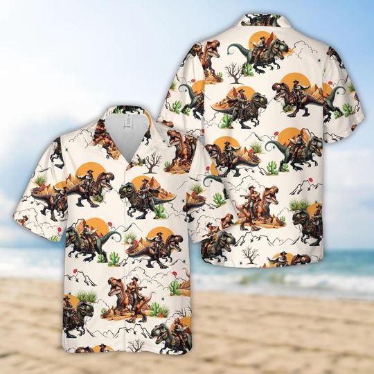 Dinosaur Cowboy Hawaiian Shirt, T-Rex & Brontosaurus Rider Aloha Shirt, Western Paleo Button-Up
