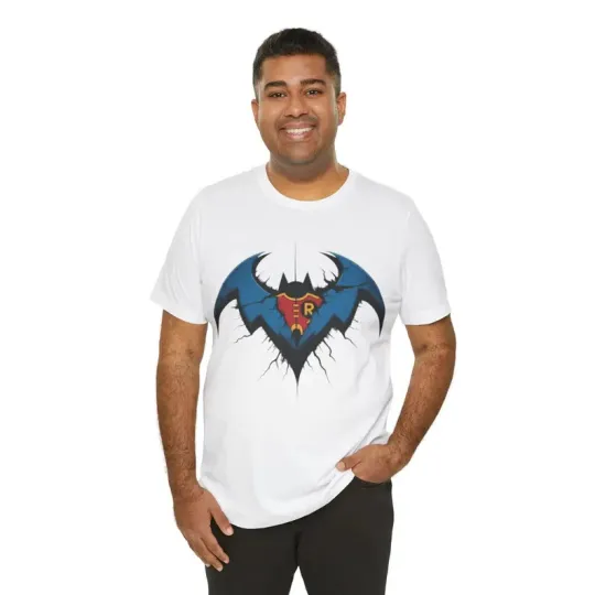 Discover Bat And Robin Logo Shirt Cracked Emblem Superhero T-shirt