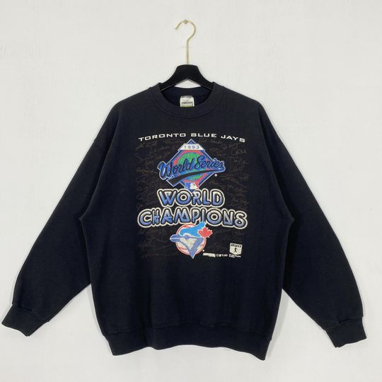 Discover Vintage 90s Toronto Blue Jays Sweatshirt Crewneck Pullover Sportswear Blue Jays Print Logo Black Large