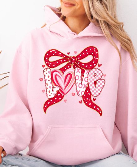 Discover Coquette Bow Love Valentine's Day Hoodie: Valentine Matching Couples XO Gift Hoodie
