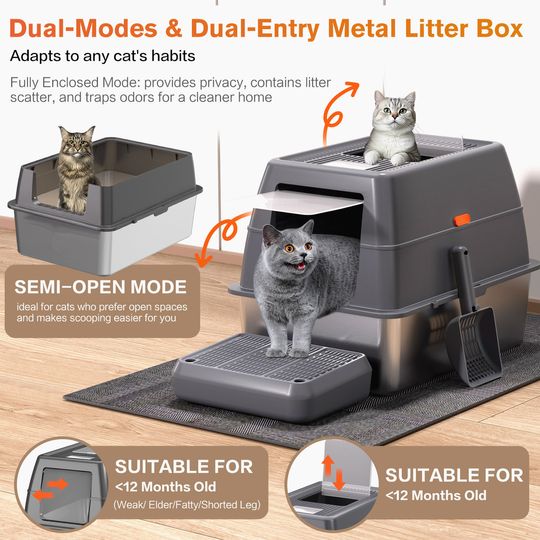 Discover XXXL Stainless Steel Litter Box with Lid，Extra Large 28"L*20"W*18.1"H Metal Cat Litter Boxs,Jumbo Enclosed Removable Litter Box