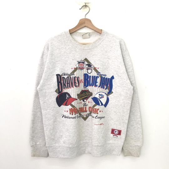 Discover Vintage 90's Toronto Blue Jays Vs Atlanta Braves Gray Sweatshirt Large World Series National League Spell Out Sweater Sport Team Size L