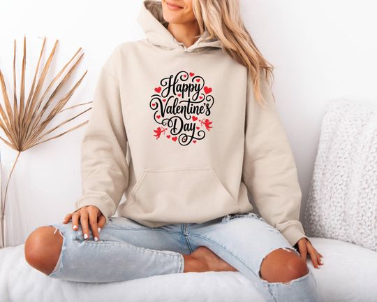 Discover Happy Valentines Day Hoodie, Cupid Heart Graphic Sweatshirt, Holiday Love Top