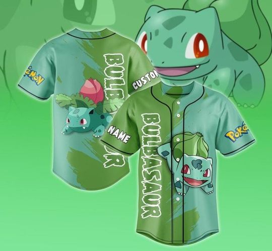 Personalized Bulbasaur PKM Baseball Jersey, Anime Baseball Shirt, Gift for Her, Baseball Fans Apparel