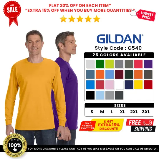 Discover Gildan G540 Men's Heavy Cotton Preshrunk Tshirt Long Sleeve Crew Neck T-Shirt