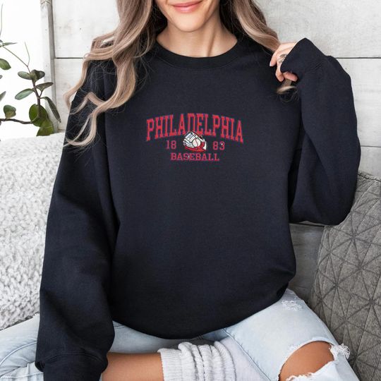 Discover Embroidered Philadelphia Baseball Gloves and Ball Shirt, Game Day Tee, Vintage Baseball Sweatshirt, Cozy Hoodie, Sports Fan Gift