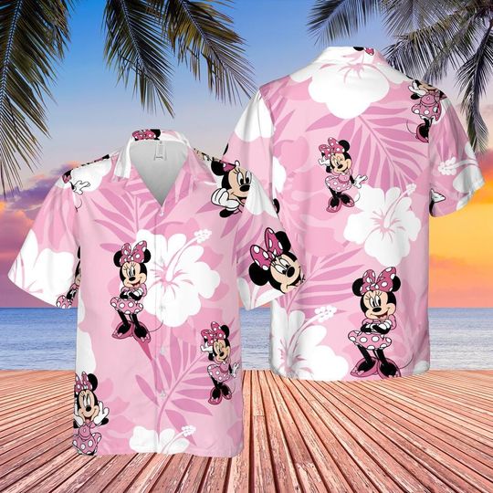 Discover Mini Mouse Hawaiian Shirt, Pink Tropical Button-Up, Disney Love Aloha Shirt