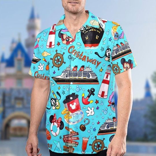 Discover Mouse Diving Hawaiian Shirt, Castaway Cay Cruise Aloha Shirt, Mickey Tropical Button-Up Shirt