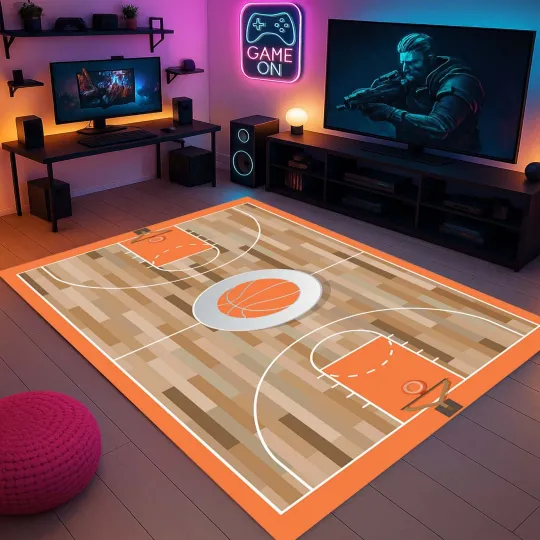 Discover Basketball Court Rug, Sports Room Decor, Gamer Room Carpet, Kids Room Mat, Orange
