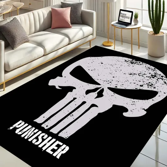Punisher Skull Rug, Gamer Room Decor, Comic Book Superhero Carpet, Gaming Area Rug