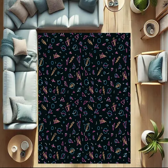 Discover Arcade Retro Neon Rug, 80s Style Carpet with Geometric Pattern