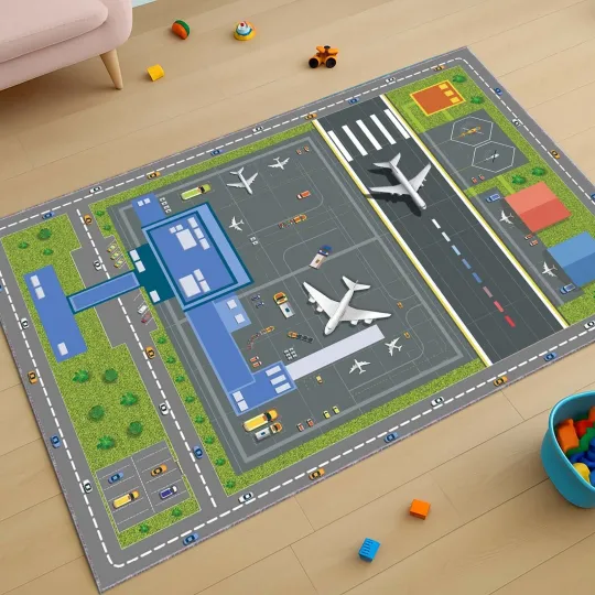 Discover Airport Play Rug for Kids, Toddler Airplane Carpet, Kids Plane Mat
