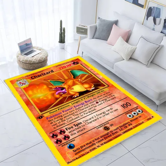 Charizard PKM Card Rug Retro Game Room Carpet for Kids Playroom Home Decor