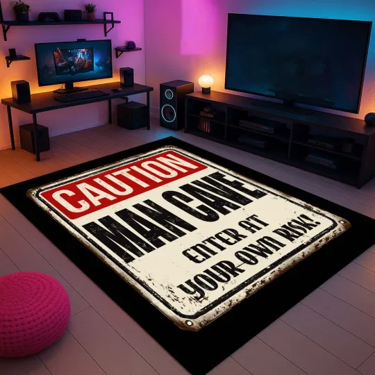 Discover Man Cave Rug, Gamer Room Decor, Caution Sign Carpet, Funny Area Rug, Bold Floor Mat
