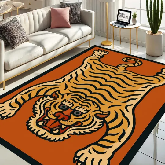 Discover Tiger Rug, Orange Carpet, Bold Floor Rug, Tibetan Tiger Mat, Animal Print Decor