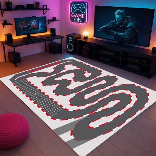 Discover Race Track Rug, Kids Play Rug, Gamer Room Rug, Gaming Decor Rug, Racing Track