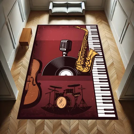 Discover Jazz Music Rug, Saxophone Carpet, Retro Music Decor, Musician Gift Rug, Vinyl