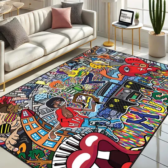 Discover Music Art Rug, Urban Style Rug, Funky Colorful Rug, Cartoon Style Carpet