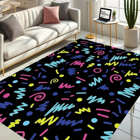 Discover Retro Style Rug, 90s Vibe Decor, Colorful Floor Mat, Neon Room Rug, Funky Room